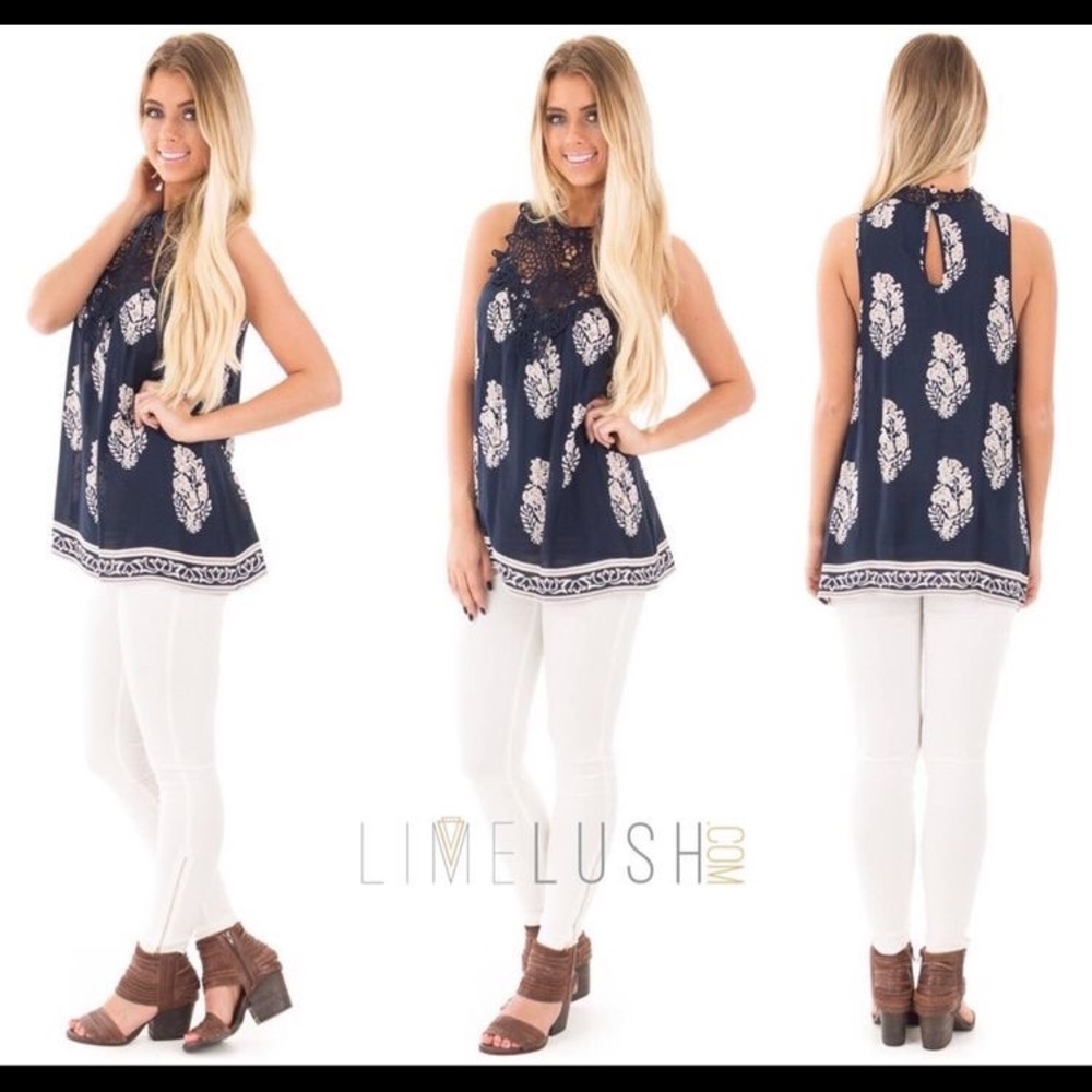 Navy and Taupe Floral Print Tank with Lace Detail (L)